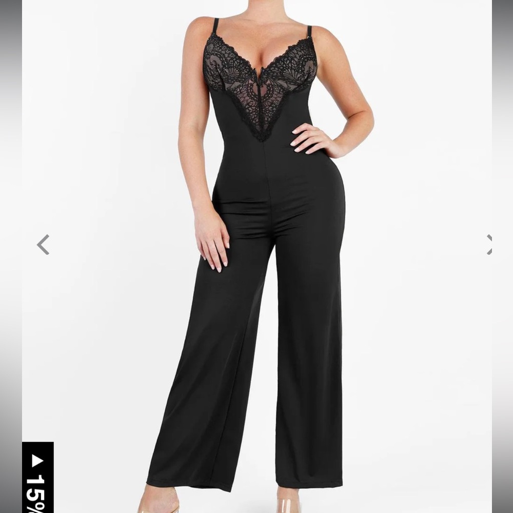 Popilush Shapewear Lace Deep V-Neck Sculpting Wide Leg Jumpsuit
